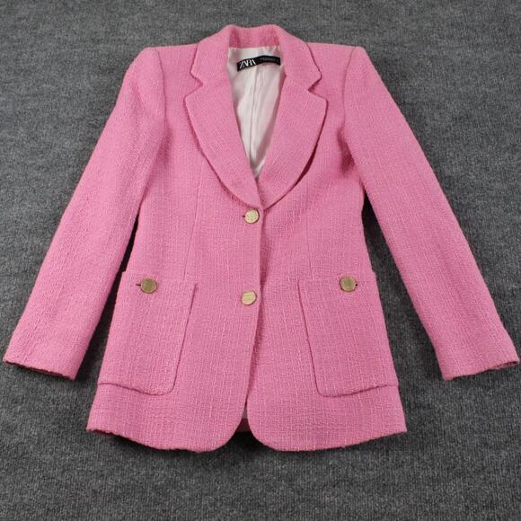 Zara Jackets & Blazers - Zara Blazer Women XS Candy Pink Textured Tailored Gold Button Jacket Academia